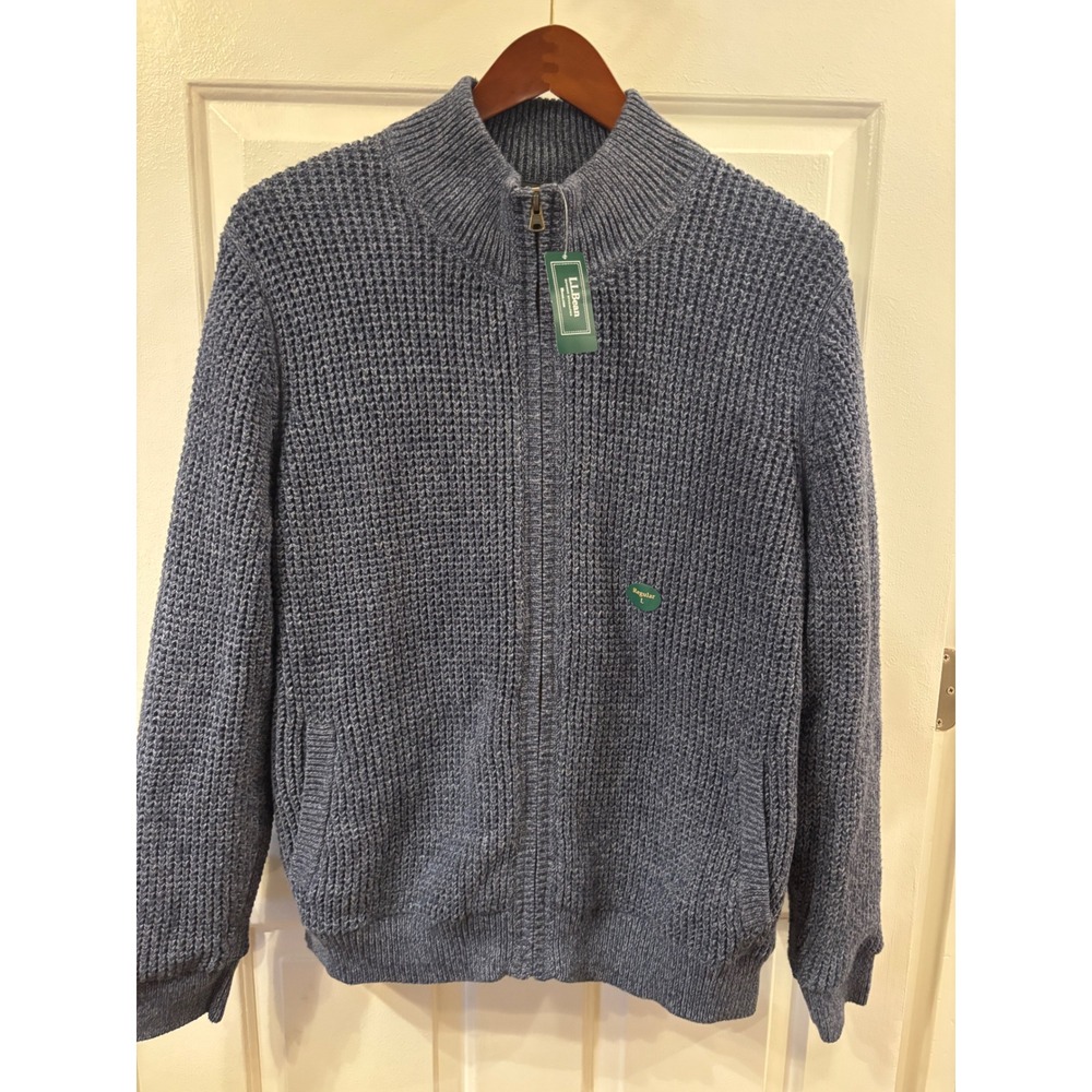 LL Bean Mens Organic Cotton Lined Full Zip Sweater Vintage Indigo Large 518215